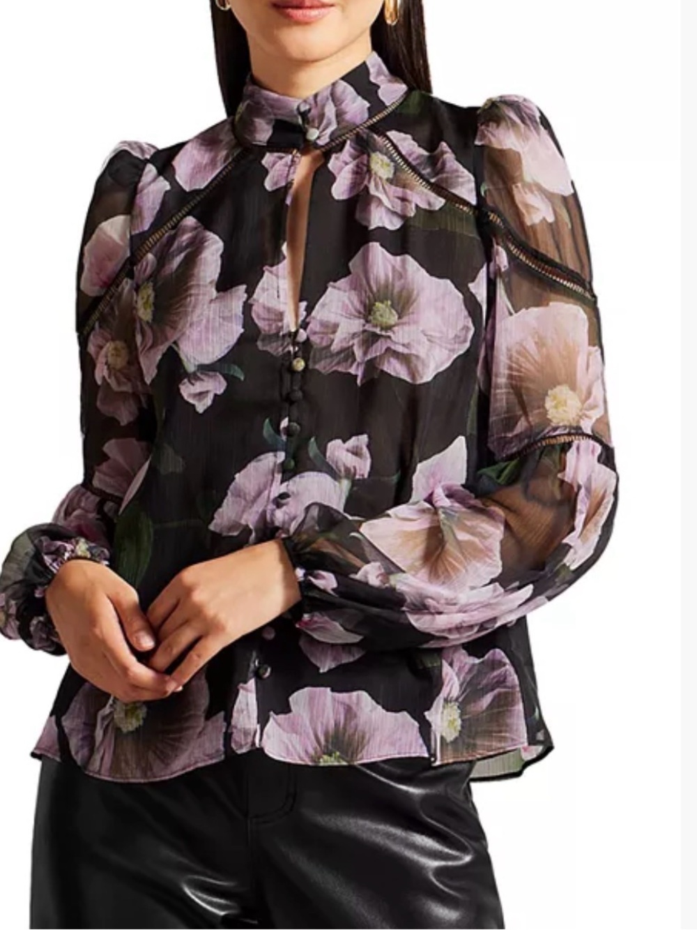 Ted Baker Theera Floral Ladder Trim Blouse Black Pink Size 3